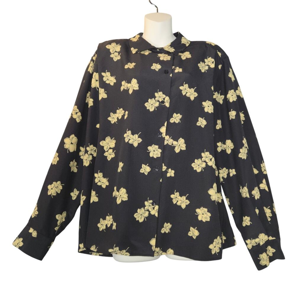 Vtg‎ Rena Rowan for Saville Women 16 Floral Button Up Top Black Career Casual